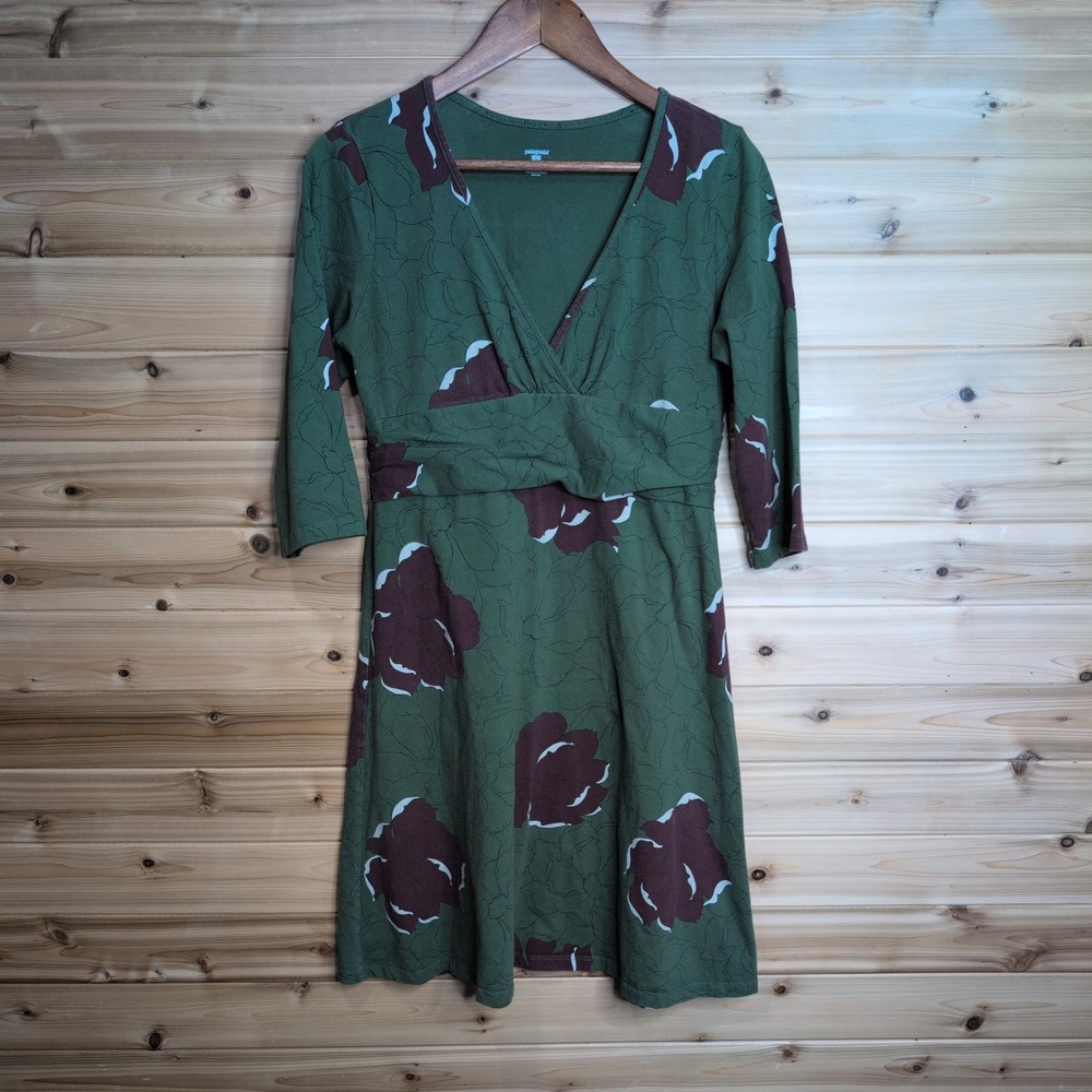 Patagonia Kamala Dress L Green Floral Organic Cotton V-Neck 3/4 Sleeve 58870FA11 - Picture 2 of 10